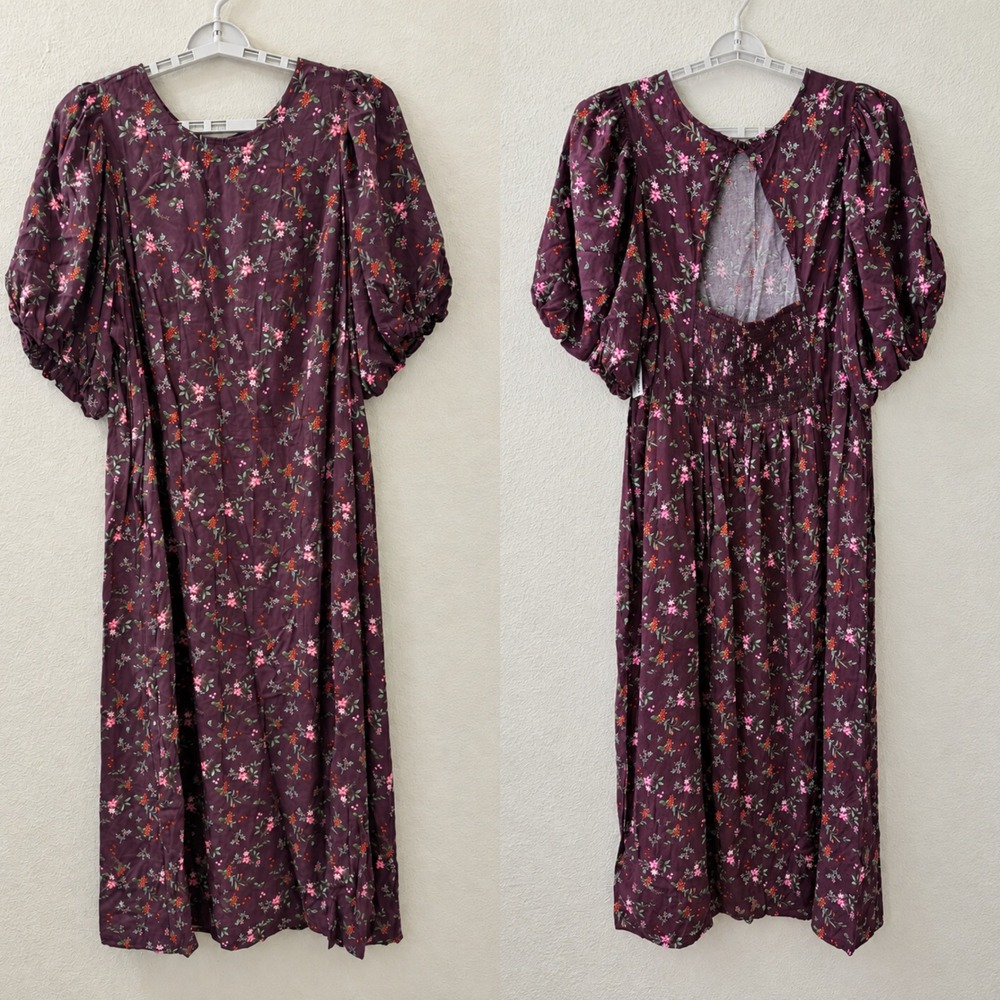 Old Navy Womens 3X Floral Puff Sleeve Open Back Smocked Midi Dress Plum Purple